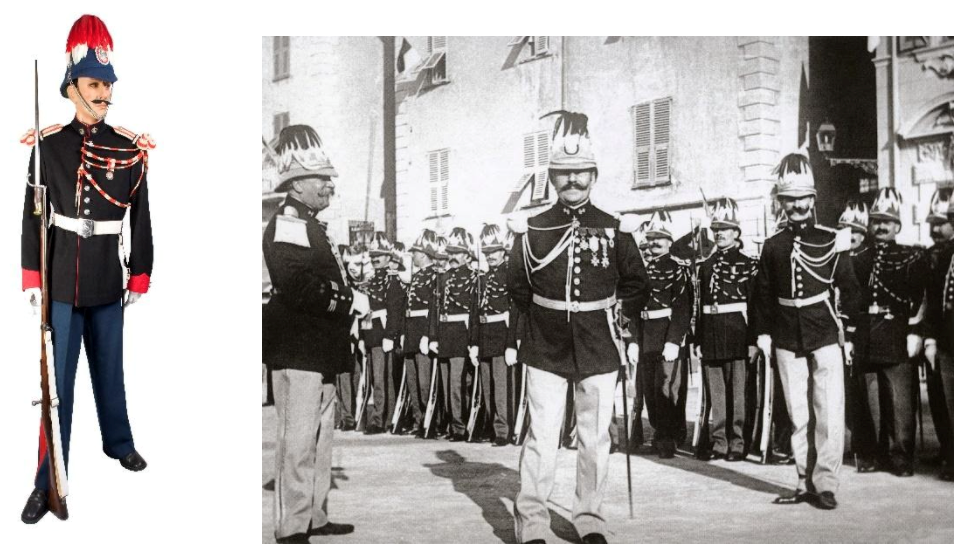 Photo 6 : Carabinier en tenue d’hiver avec plumet à partir de 1904. Fusil Gras modèle 1874.  Photo 6bis : Carabiniers sur la place du Palais, entre 1907 et 1911. À gauche, le capitaine Émile de Capella ; au centre, le colonel Arthur Lemoël ; à droite, le lieutenant Amédée de Serre de Mesplès.