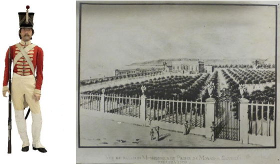 Photo 3 : Uniforme de carabinier de 1817 à 1830. Fusil 1822 T Bis. Photo 3bis : Carabinier en 1828 devant le portail du Palais de Carnolès, ancienne résidence d’été des Princes de Monaco, par Joseph Gibert.
